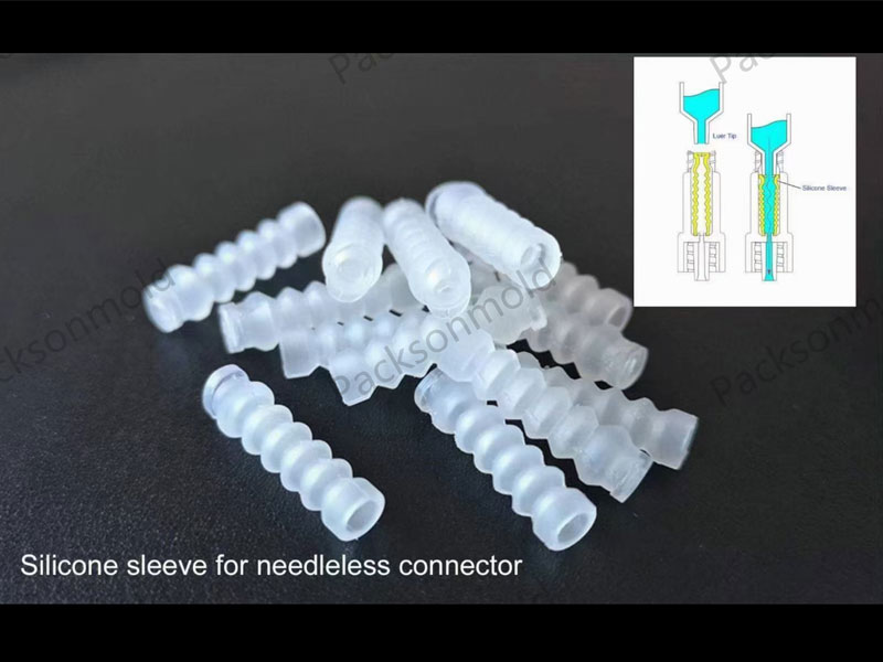 Medical-grade silicone sleeves for needleless connectors manufactured by Packson, showcasing high-precision LSR injection molding components alongside a technical functional diagram of a Luer tip assembly.